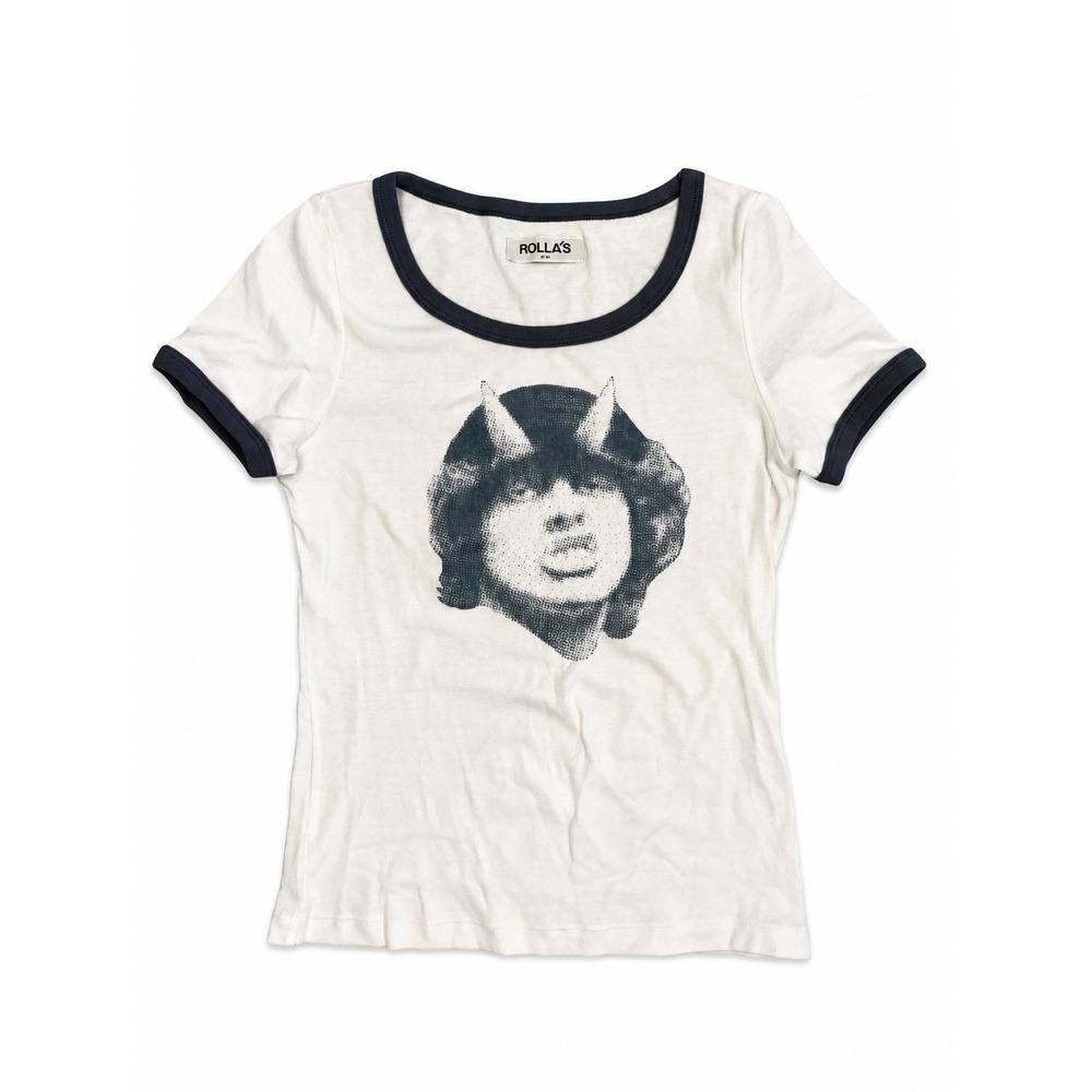 Rolla's x AC/DC Angus Young Devil Horns Ringer Tee Womens S White Navy Band